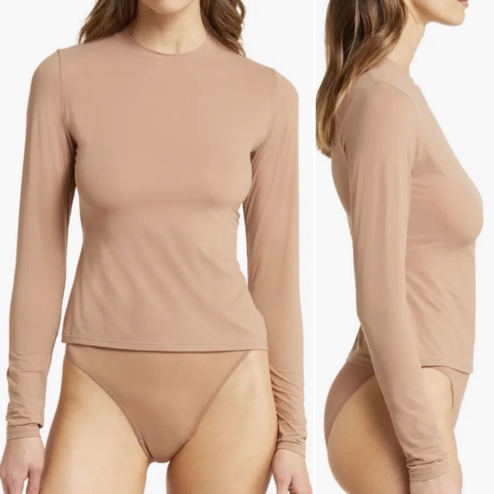 Skims Fits Everybody T-Shirt Top Long Sleeve Crew Layering Lightweight Sand Tan